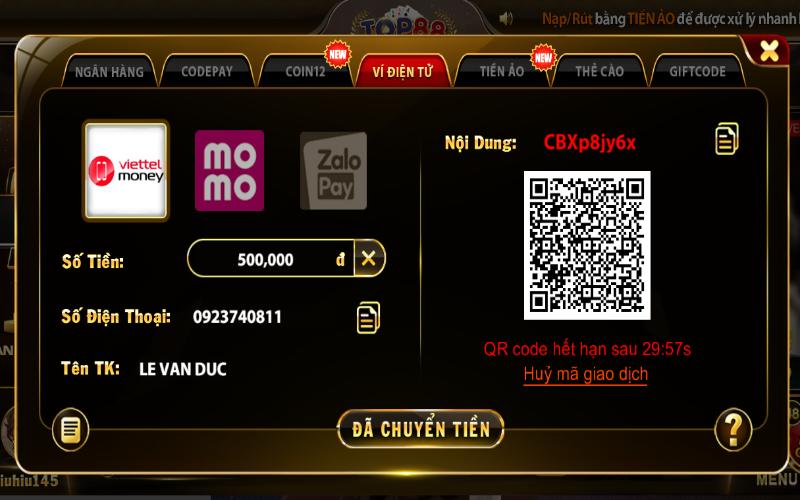 Chi tiết quy trình nạp tiền Top88 thông qua ví điện tử